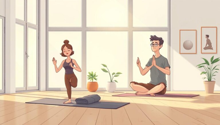 A serene meditation space with soft natural light, indoor plants, and people practising mindfulness.