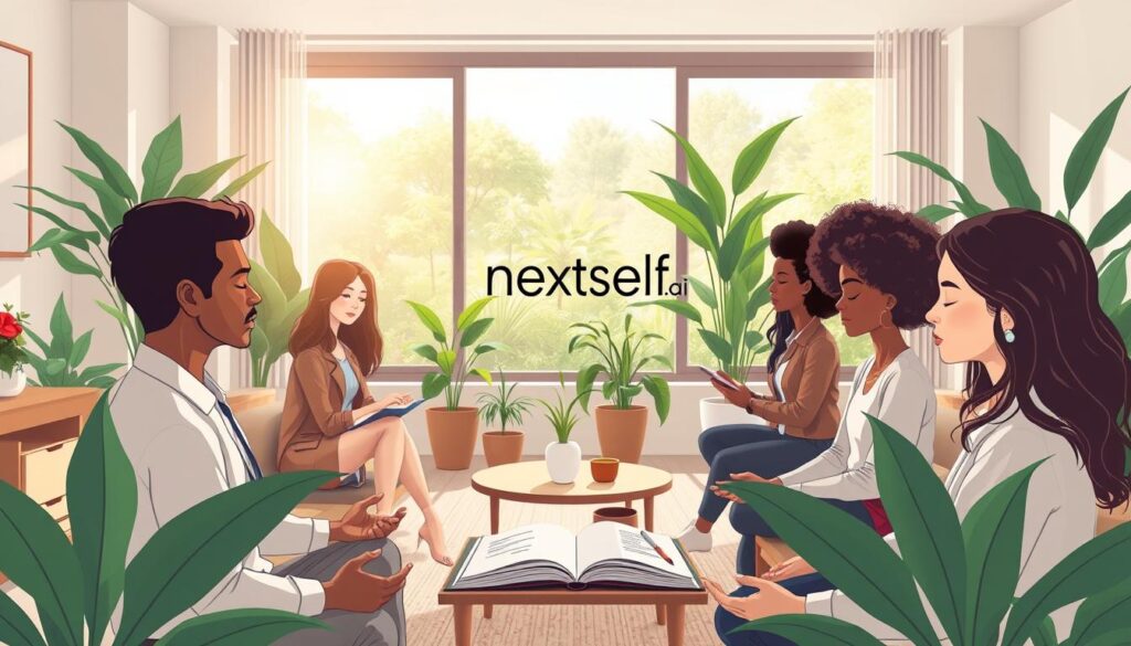 A serene modern workspace bathed in soft, natural lighting, showcasing a peaceful environment promoting self-awareness practices. In the foreground, a diverse group of three individuals, dressed in professional attire, are engaged in mindful activities such as meditation and journaling, their expressions reflective and focused. The middle ground features a cozy seating area with lush indoor plants and a small coffee table with open journals and mindfulness tools. In the background, large windows reveal a tranquil garden, enhancing the atmosphere of calm and self-discovery. The scene embodies a sense of personal growth and success, with a gentle color palette of greens and soft neutrals. The brand name "nextself.ai" subtly integrated into the background design.